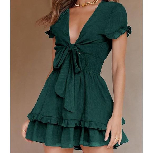 PRETTYGARDEN green size large Swing Mini Dress V Neck Short A-Line Short Dress - Picture 3 of 10